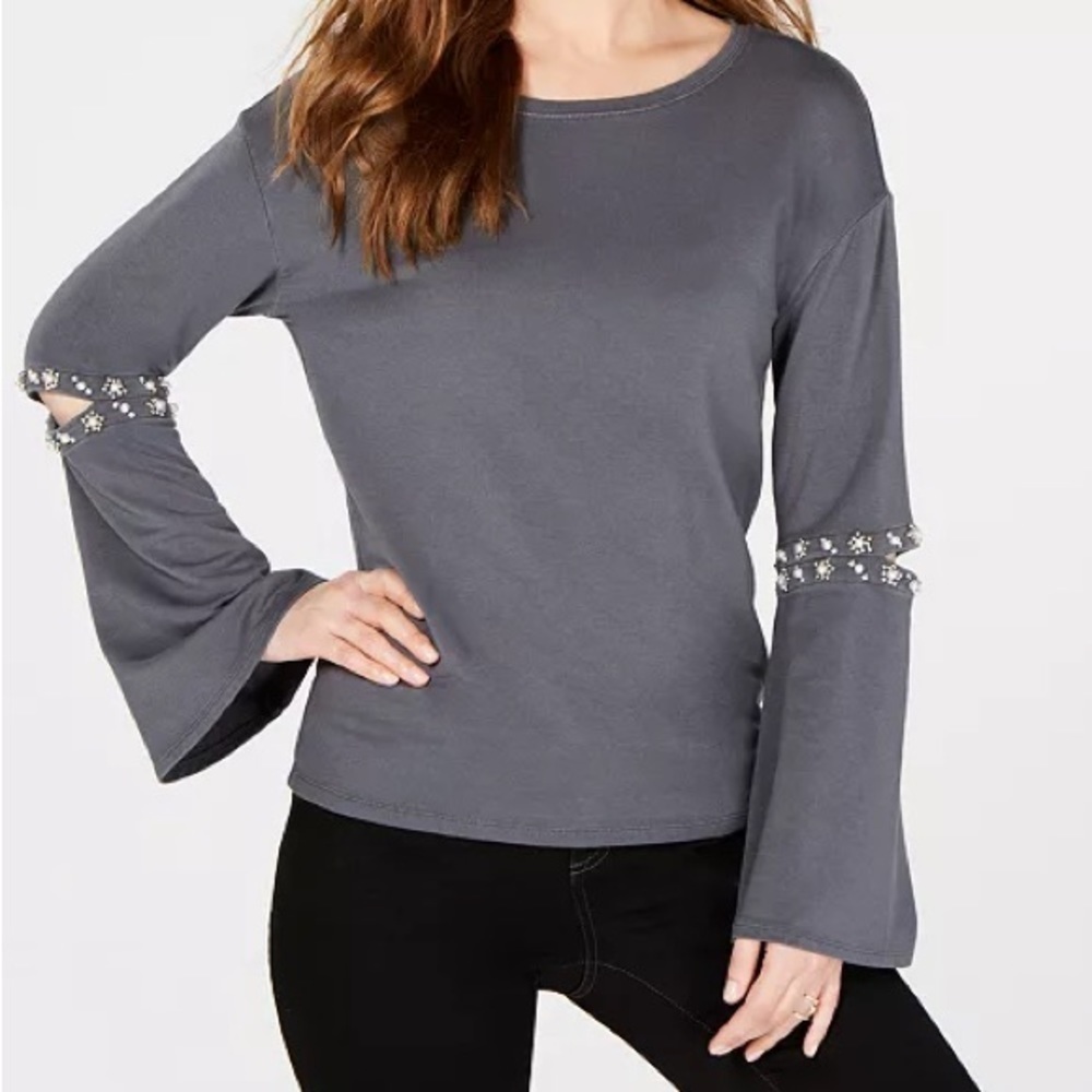 I.N.C. Embellished Pearl and Rhinestone Cutout Elbow Gray Top Size Large